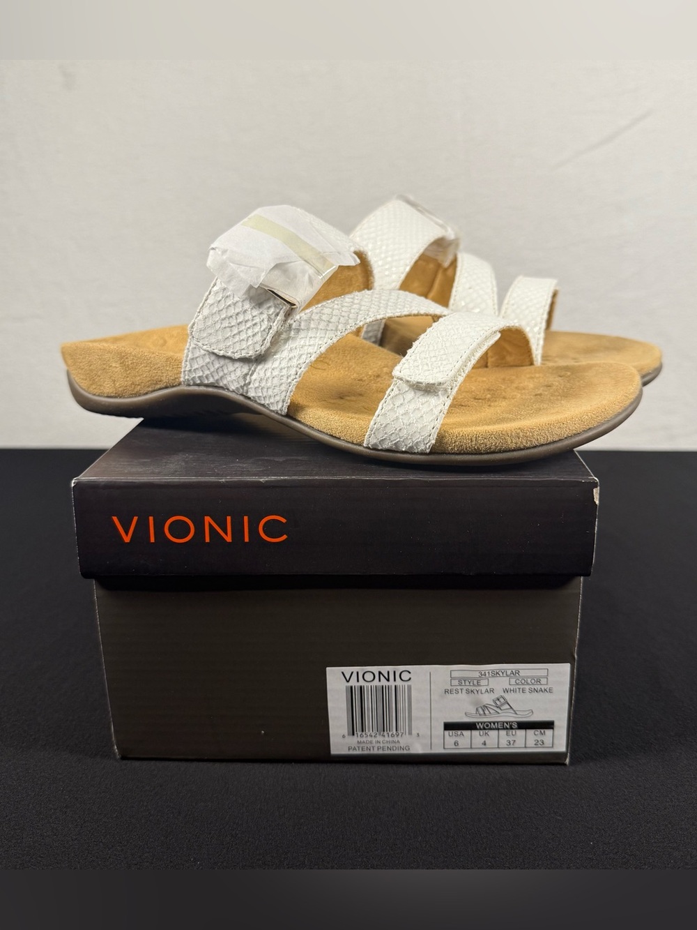Vionic Skylar - White Snake Adjustable Slide Orthotic Sandals NIB Size 6